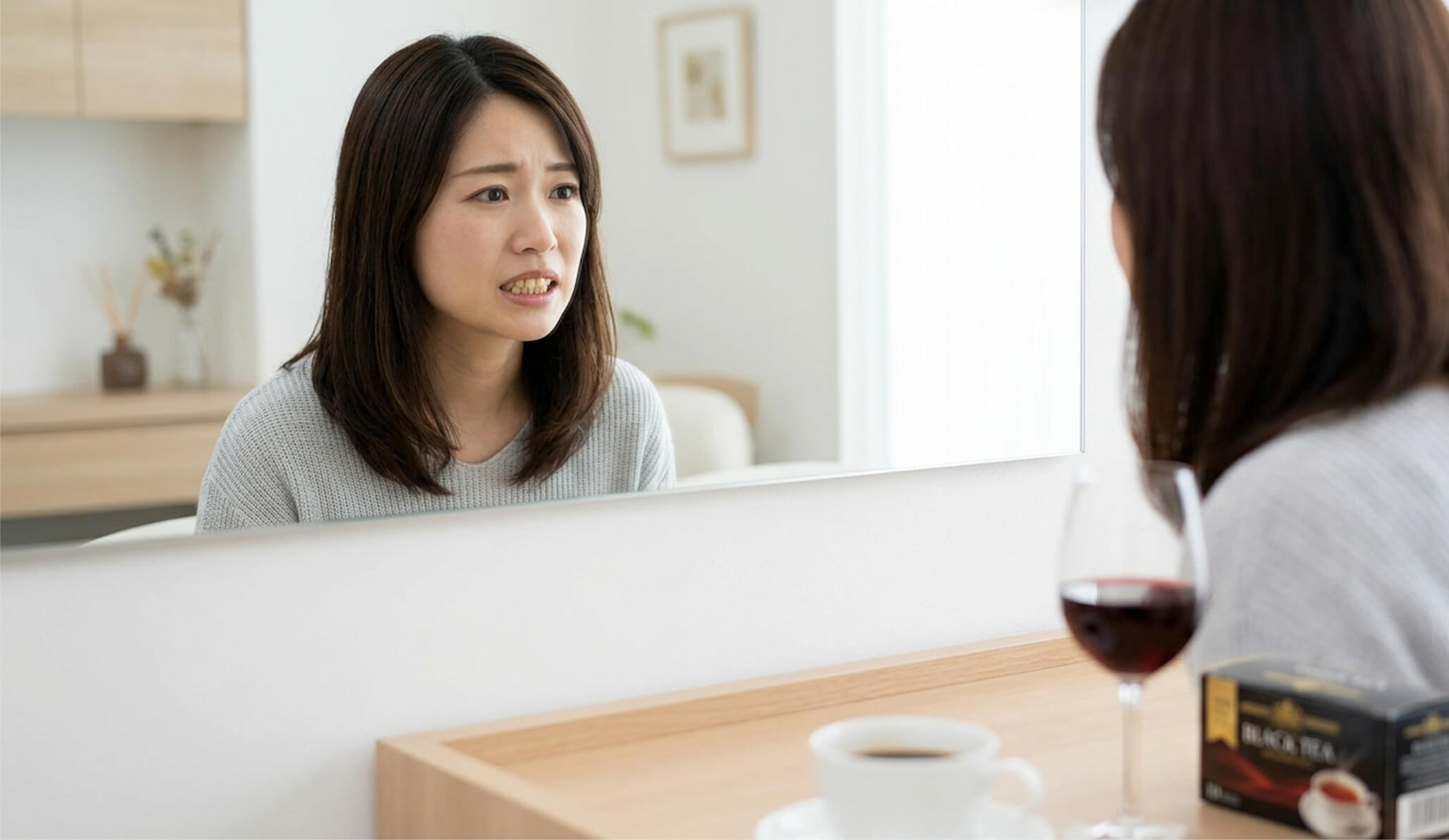 歯科医院でのプロによるホワイトニングと、自宅でマウスピースを使用するセルフケアの様子