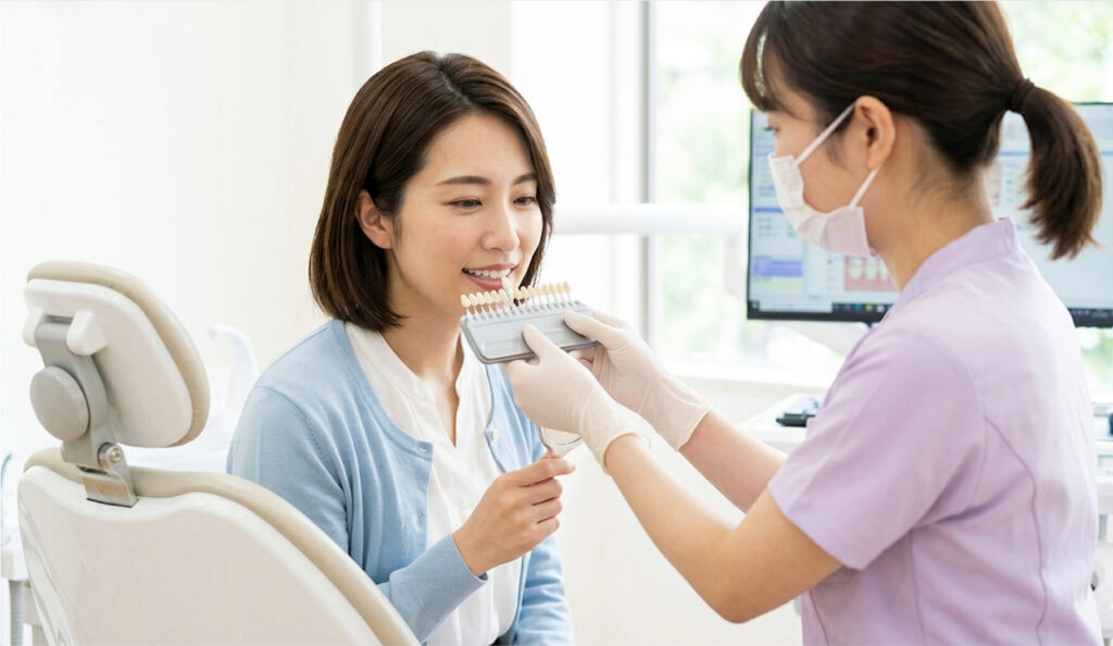 歯科衛生士からシェードガイドでホワイトニングの説明を受ける様子